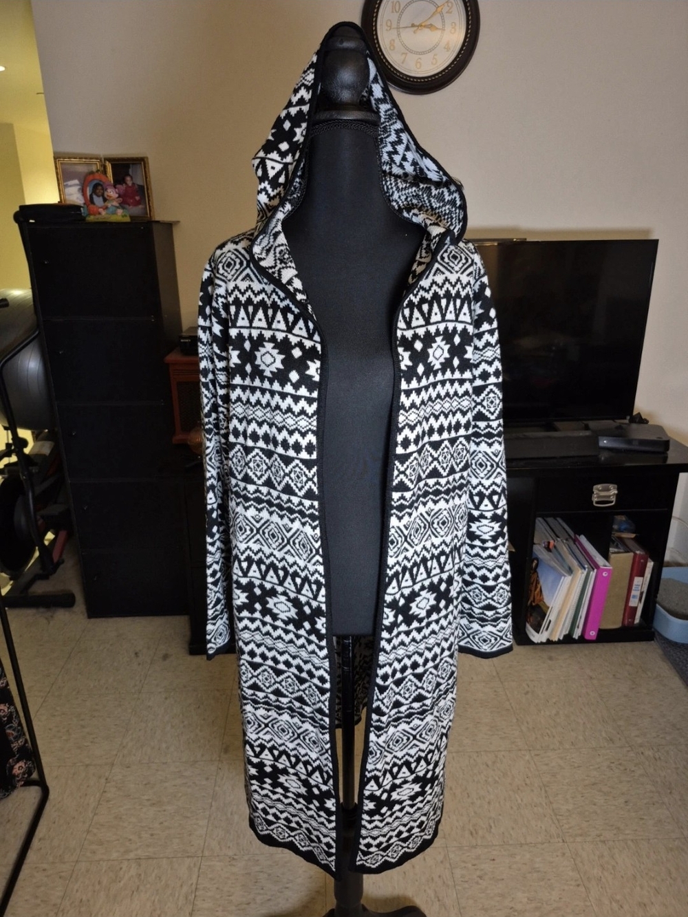 BONGO Black and White Hooded Long Cardigan